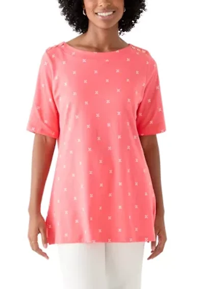 Women's Elbow Sleeve Button Trim Printed Tunic Top
