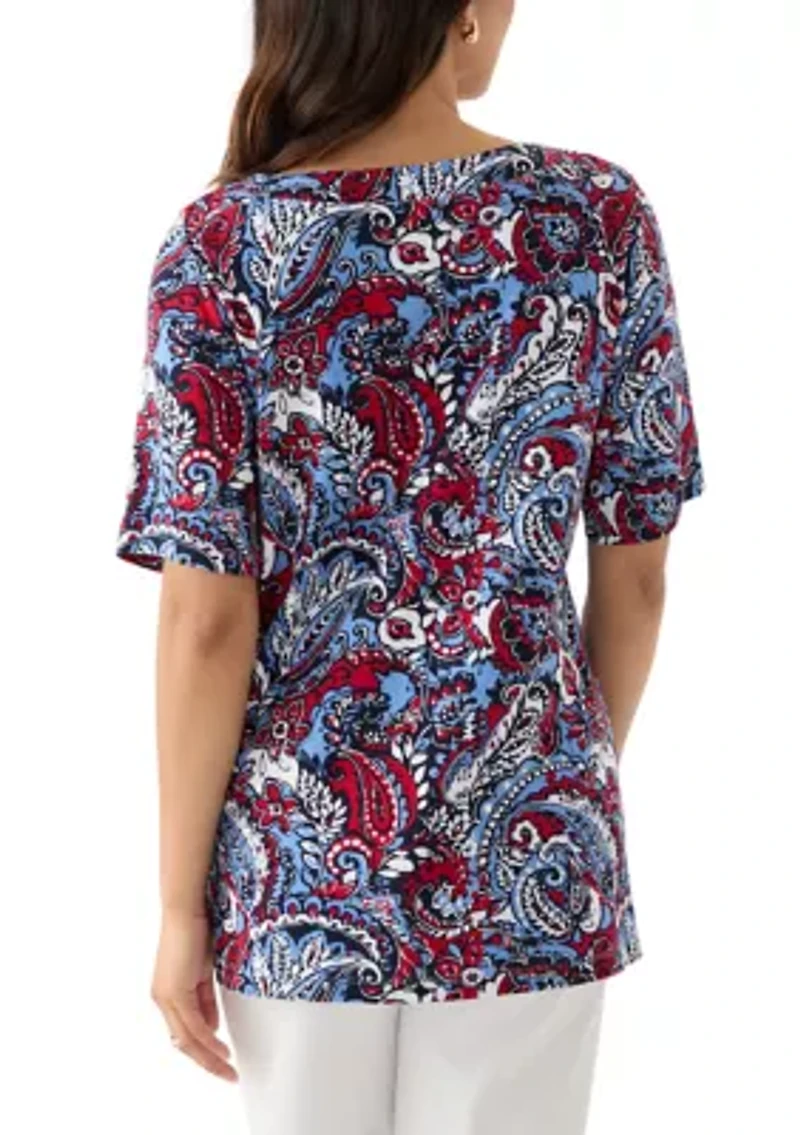 Women's Elbow Sleeve Button Trim Printed Tunic Top
