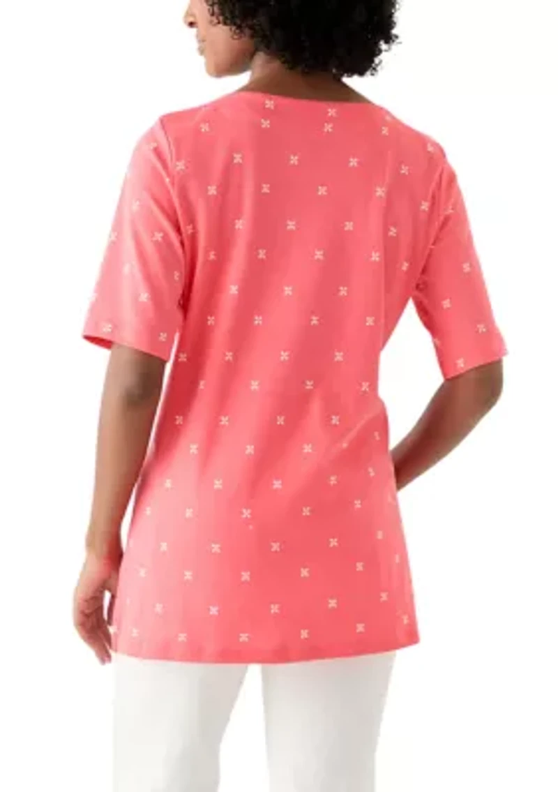 Women's Elbow Sleeve Button Trim Printed Tunic Top