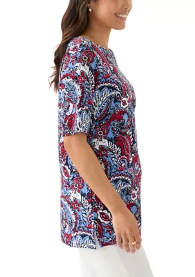 Women's Elbow Sleeve Button Trim Printed Tunic Top