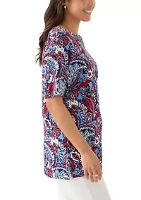 Women's Elbow Sleeve Button Trim Printed Tunic Top