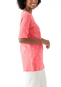Women's Elbow Sleeve Button Trim Printed Tunic Top