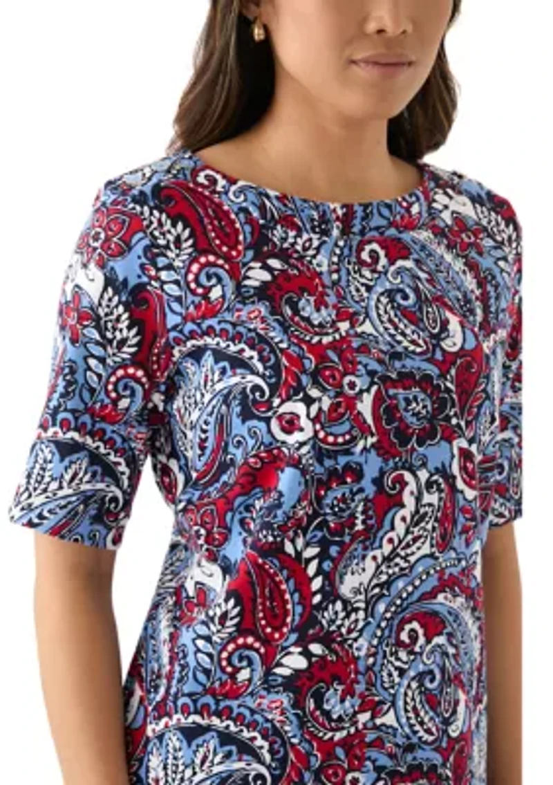 Women's Elbow Sleeve Button Trim Printed Tunic Top