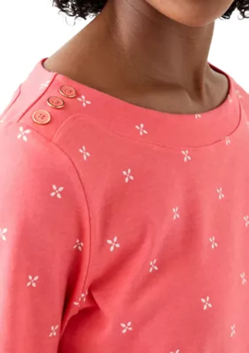 Women's Elbow Sleeve Button Trim Printed Tunic Top