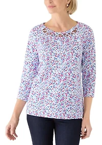 Women's 3/4 Sleeve Neck Detail Print Shirt