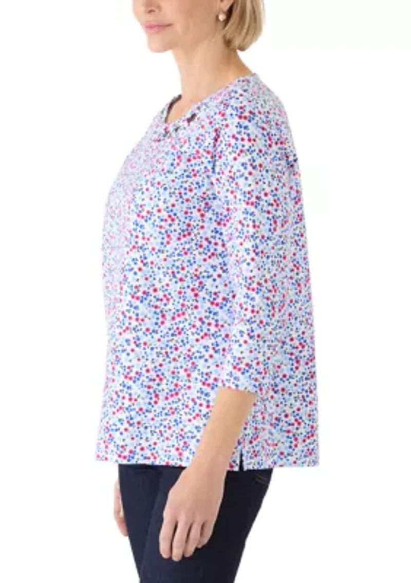 Women's 3/4 Sleeve Neck Detail Print Shirt