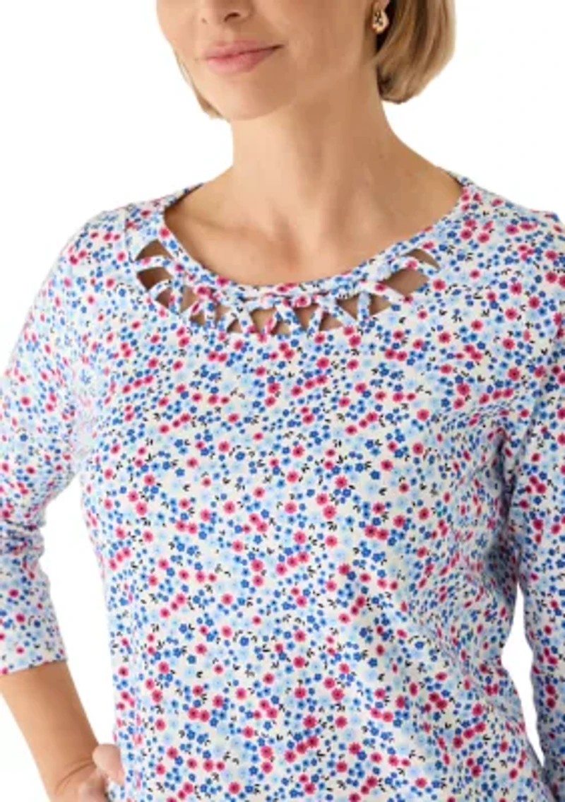 Women's 3/4 Sleeve Neck Detail Print Shirt