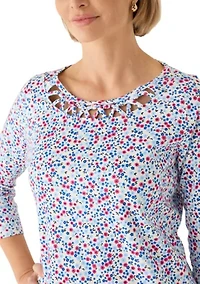 Women's 3/4 Sleeve Neck Detail Print Shirt