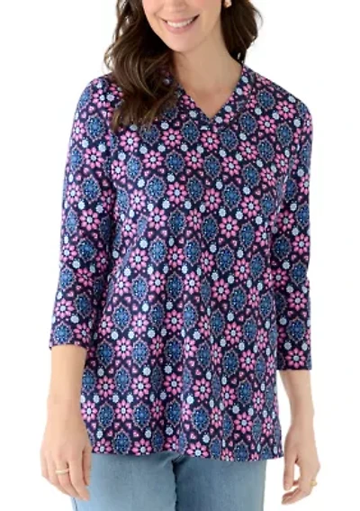 Women's Three-Quarter Sleeve V-Neck Tunic Top with Trim