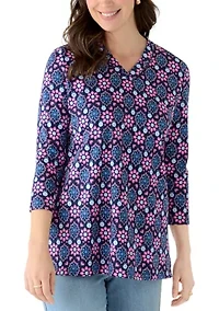 Women's Three-Quarter Sleeve V-Neck Tunic Top with Trim