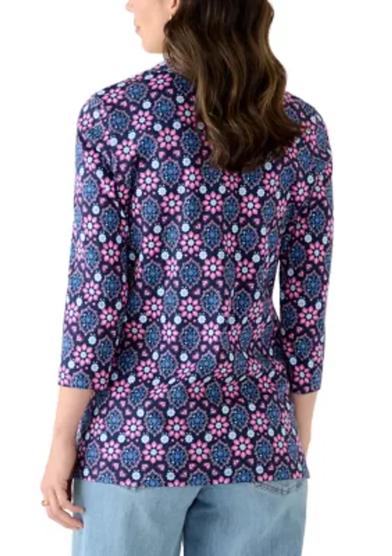 Women's Three-Quarter Sleeve V-Neck Tunic Top with Trim