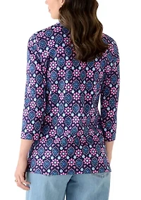 Women's Three-Quarter Sleeve V-Neck Tunic Top with Trim