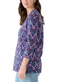 Women's Three-Quarter Sleeve V-Neck Tunic Top with Trim