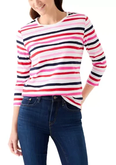 Women's Crew Neck 3/4 Sleeve Stripe Print Shirt