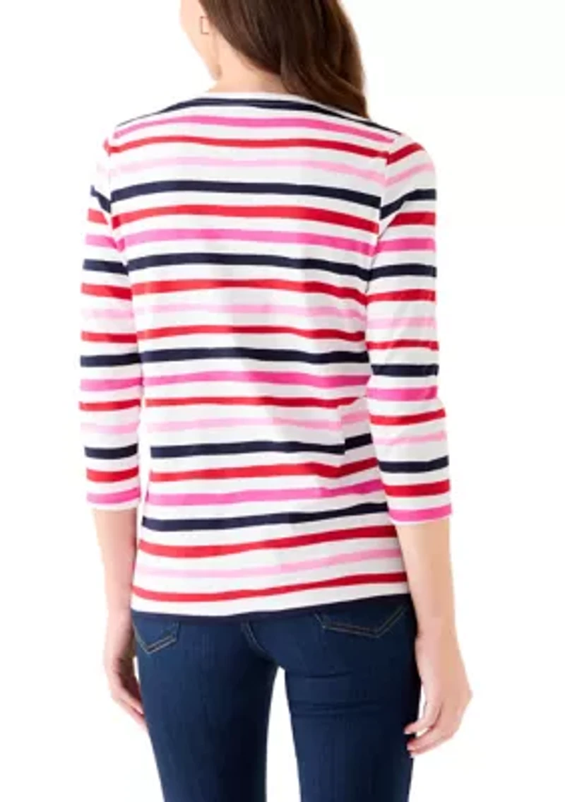 Women's Crew Neck 3/4 Sleeve Stripe Print Shirt