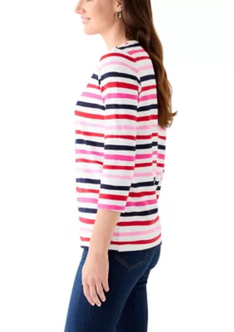 Women's Crew Neck 3/4 Sleeve Stripe Print Shirt