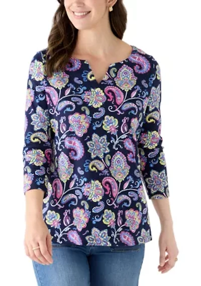 Women's 3/4 Sleeve Split Neck Printed Top