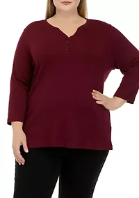 Plus 3/4 Sleeve Henley Fashion T-Shirt
