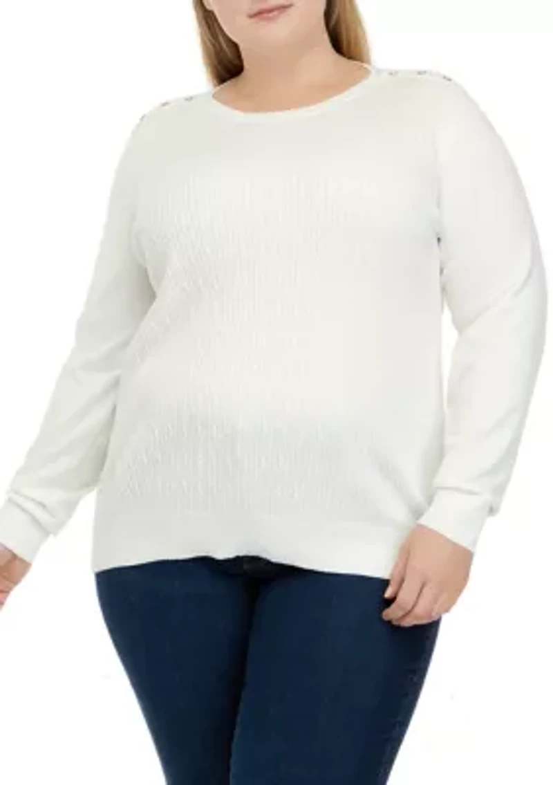 Plus Long Sleeve Cable Knit Crew Neck Button Shoulder Sweater