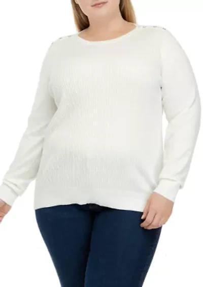 Plus Long Sleeve Cable Knit Crew Neck Button Shoulder Sweater