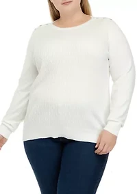 Plus Long Sleeve Cable Knit Crew Neck Button Shoulder Sweater