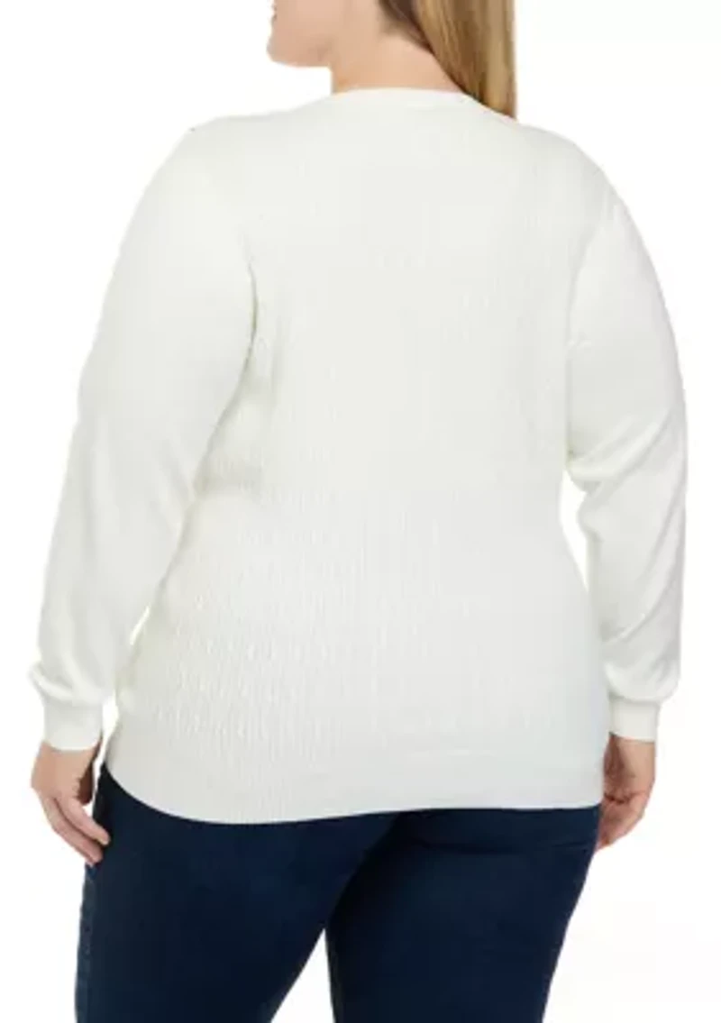 Plus Long Sleeve Cable Knit Crew Neck Button Shoulder Sweater