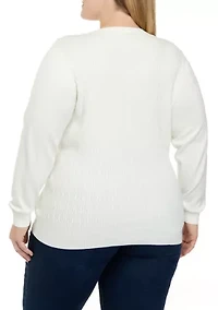 Plus Long Sleeve Cable Knit Crew Neck Button Shoulder Sweater