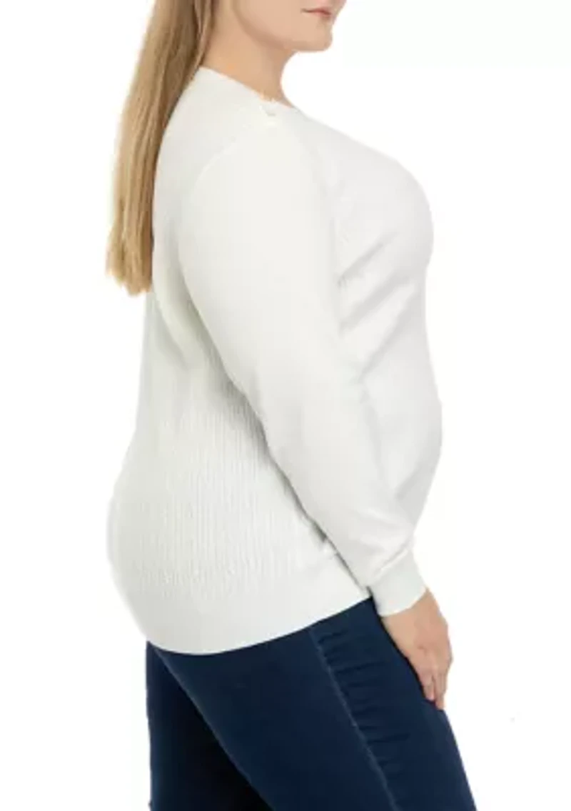 Plus Long Sleeve Cable Knit Crew Neck Button Shoulder Sweater