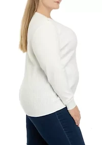 Plus Long Sleeve Cable Knit Crew Neck Button Shoulder Sweater