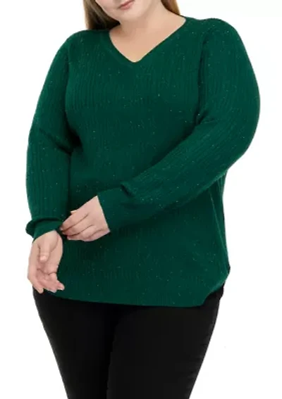 Plus Long Sleeve Cable V-Neck Sweater
