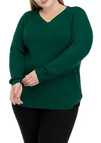 Plus Long Sleeve Cable V-Neck Sweater
