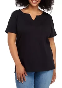 Plus Short Sleeve Solid Notch Neck Top