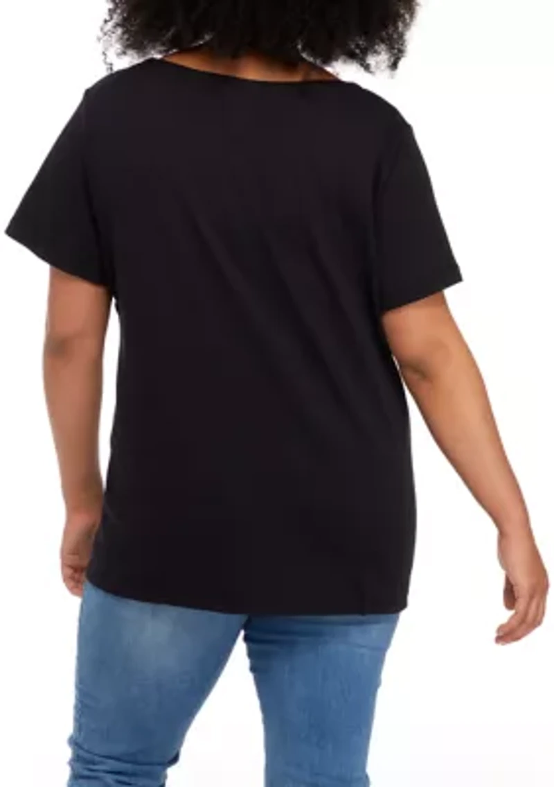 Plus Short Sleeve Solid Notch Neck Top