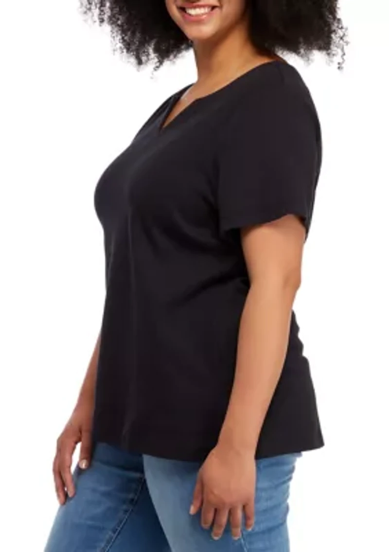 Plus Short Sleeve Solid Notch Neck Top