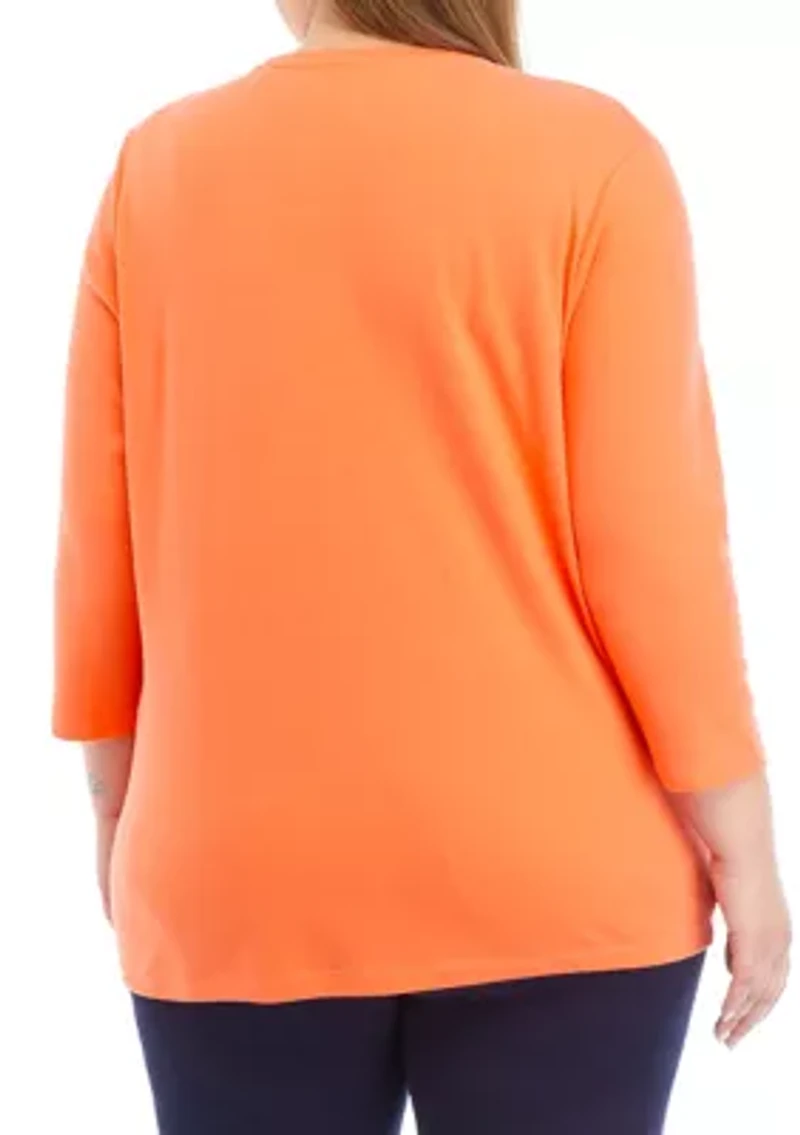 Plus 3/4 Sleeve Crew Neck Fashion Shirt