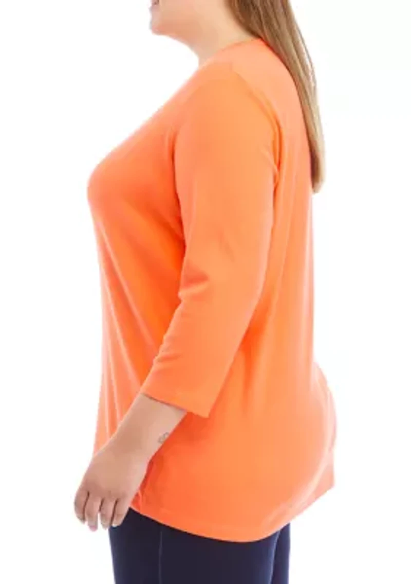 Plus 3/4 Sleeve Crew Neck Fashion Shirt