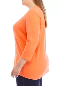 Plus 3/4 Sleeve Crew Neck Fashion Shirt