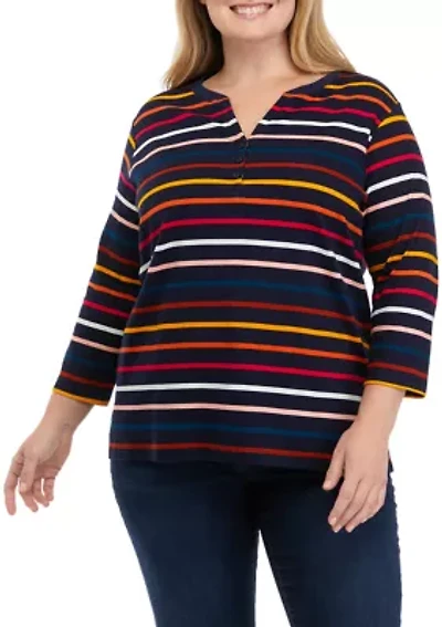 Plus 3/4 Sleeve Striped Henley Shirt