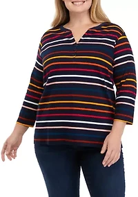 Plus 3/4 Sleeve Striped Henley Shirt