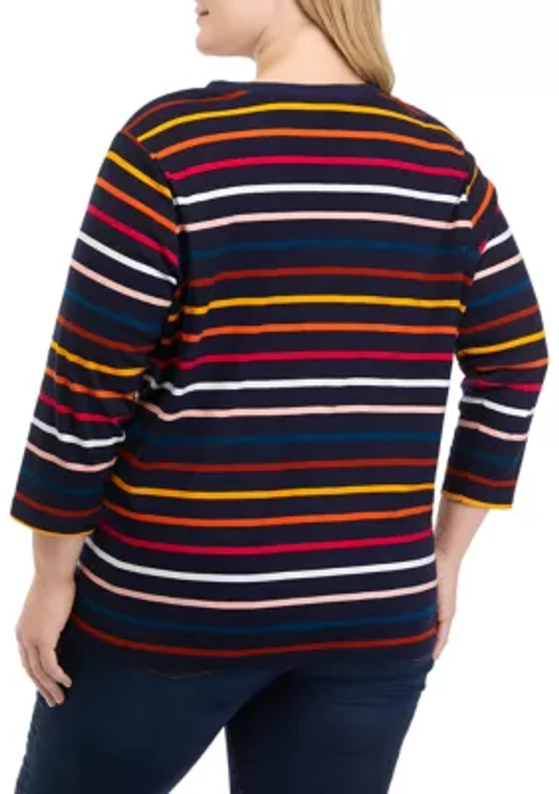 Plus 3/4 Sleeve Striped Henley Shirt