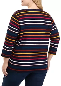 Plus 3/4 Sleeve Striped Henley Shirt