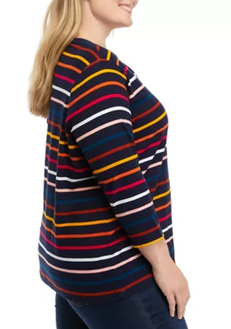 Plus 3/4 Sleeve Striped Henley Shirt