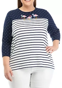 Plus 3/4 Sleeve Crew Neck Pieced Yoke Yarn Dyed T-Shirt