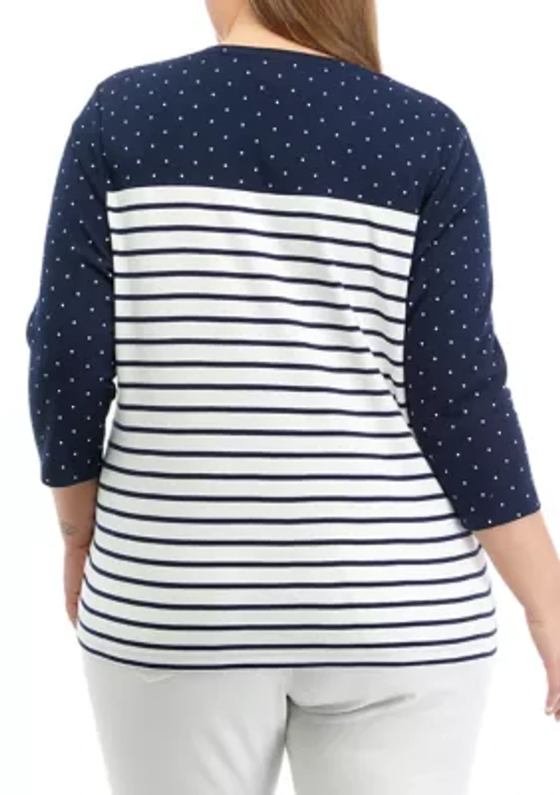 Plus 3/4 Sleeve Crew Neck Pieced Yoke Yarn Dyed T-Shirt