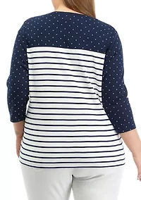 Plus 3/4 Sleeve Crew Neck Pieced Yoke Yarn Dyed T-Shirt