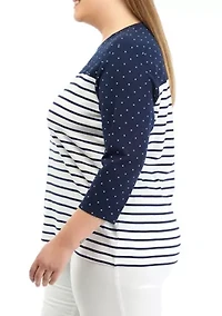 Plus 3/4 Sleeve Crew Neck Pieced Yoke Yarn Dyed T-Shirt