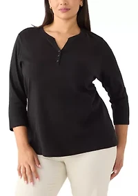 Plus 3/4 Sleeve Henley Solid Top