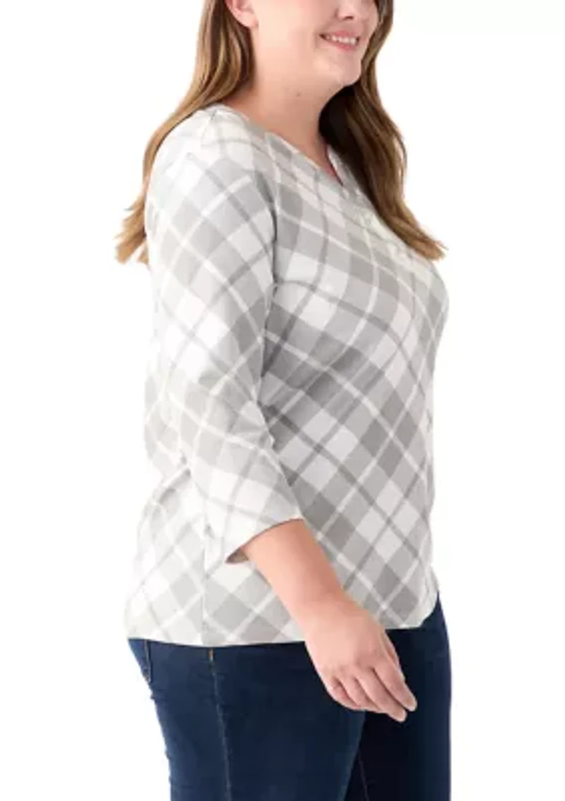 Plus 3/4 Sleeve Printed Henley Shirt