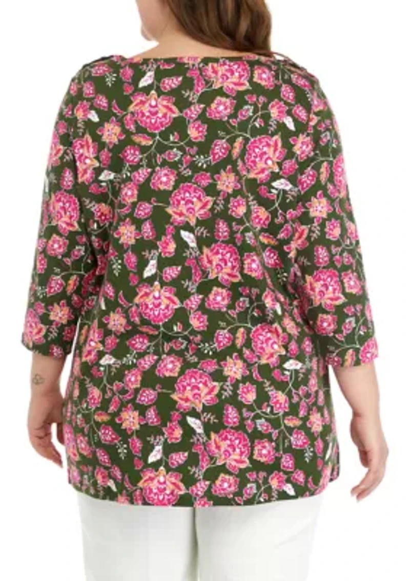 Plus 3/4 Sleeve Floral T-Shirt