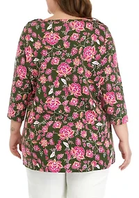Plus 3/4 Sleeve Floral T-Shirt